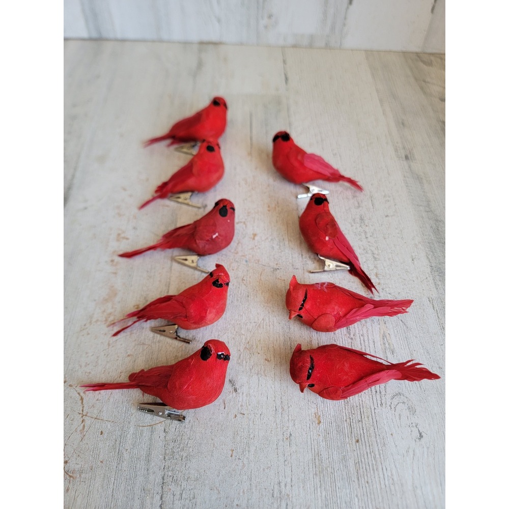 Red Cardinal vintage mini realistic clip-on bird ornament Xmas set feather